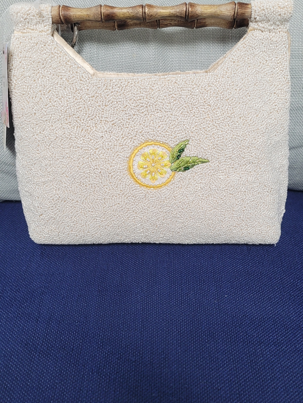 New Beaded Lemon Embroidered Handbag with Bamboo Handle - Picture 2 of 2